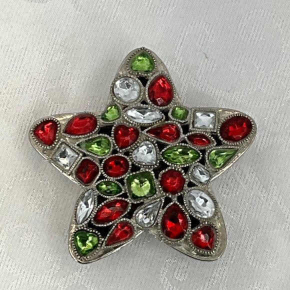 Vtg Lauren Design Star-Shaped Silver-Tone Trinket Box Red Green & Clear Gem Acce - Picture 2 of 6